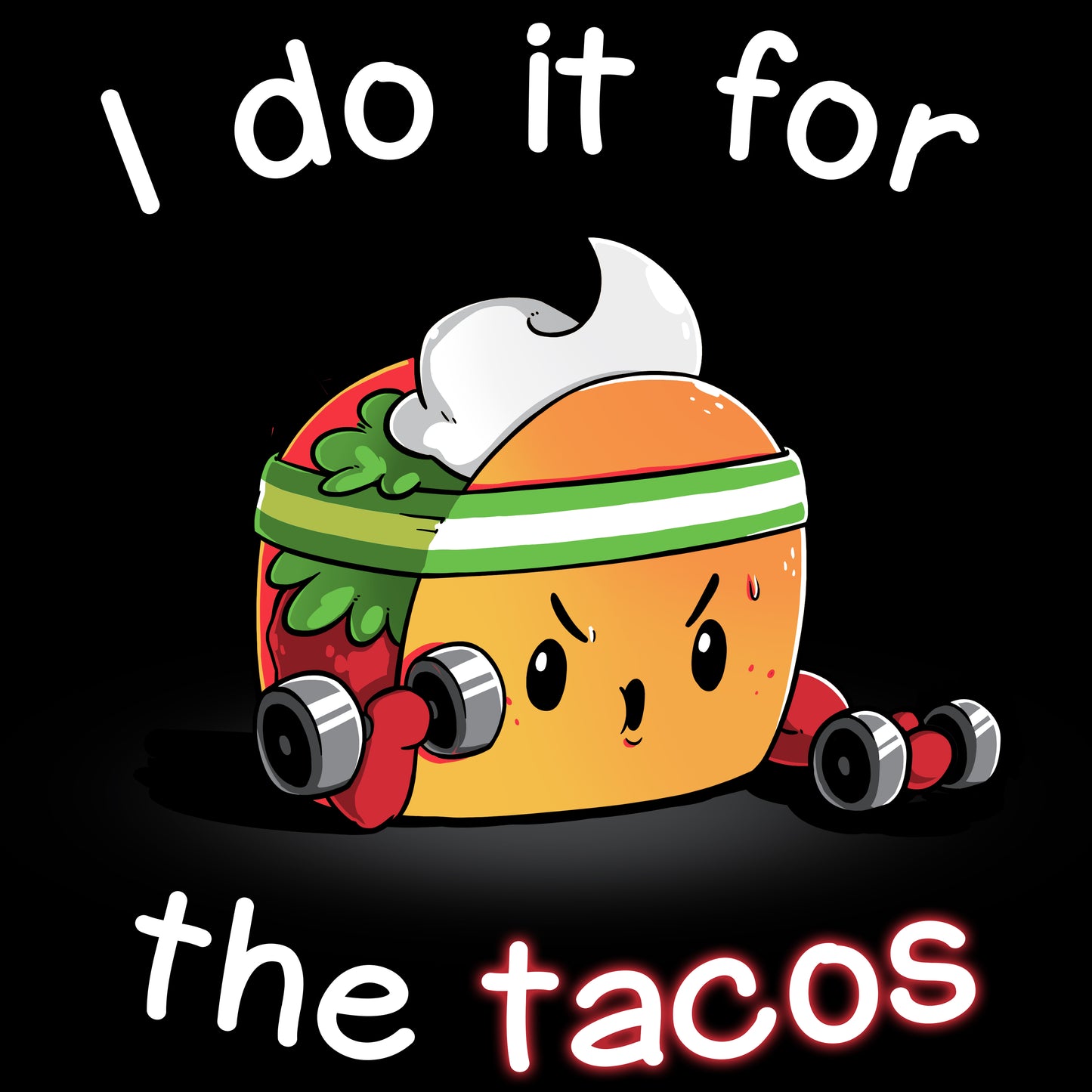 Premium Cotton T-shirt_TeeTurtle For the Tacos black t-shirt featuring a taco lifting weights.