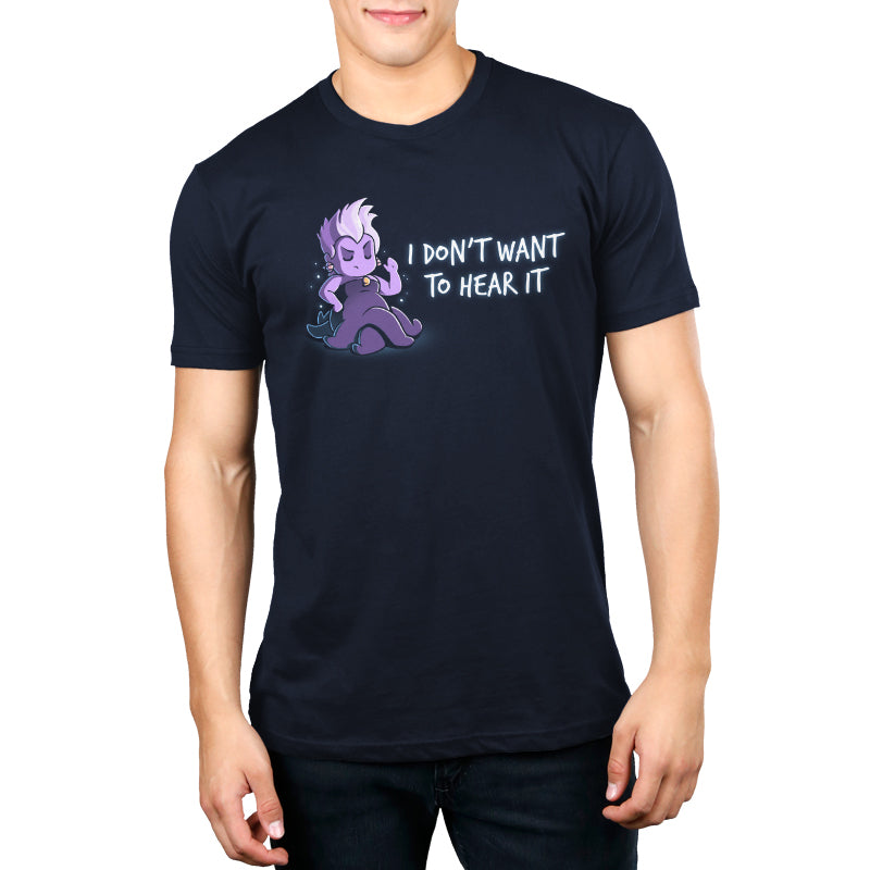 A man wearing a "I Don't Want to Hear It" Disney-themed t-shirt.