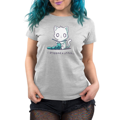 Premium Cotton T-shirt_Teeturtle I Dropped a Stitch silver gray t-shirt featuring a crafing white cat looking shocked and crying while knitting with the words 'I dropped a stitch...' beneath.