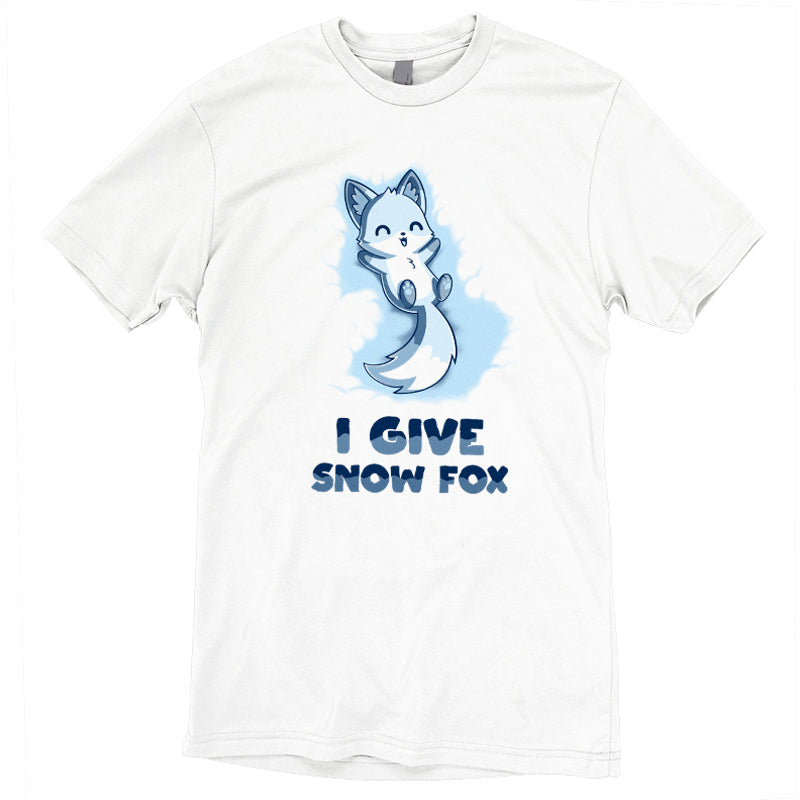 Premium Cotton T-shirt_TeeTurtle I Give Snow Fox white t-shirt featuring a fox lying on its back in the snow.