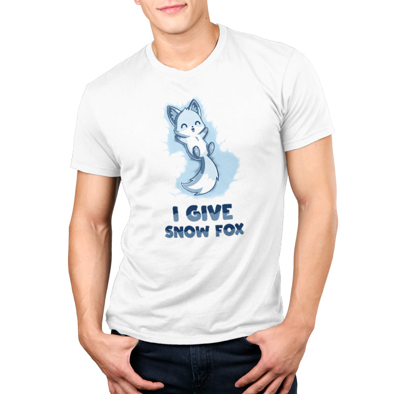 Premium Cotton T-shirt_TeeTurtle I Give Snow Fox white t-shirt featuring a fox lying on its back in the snow.