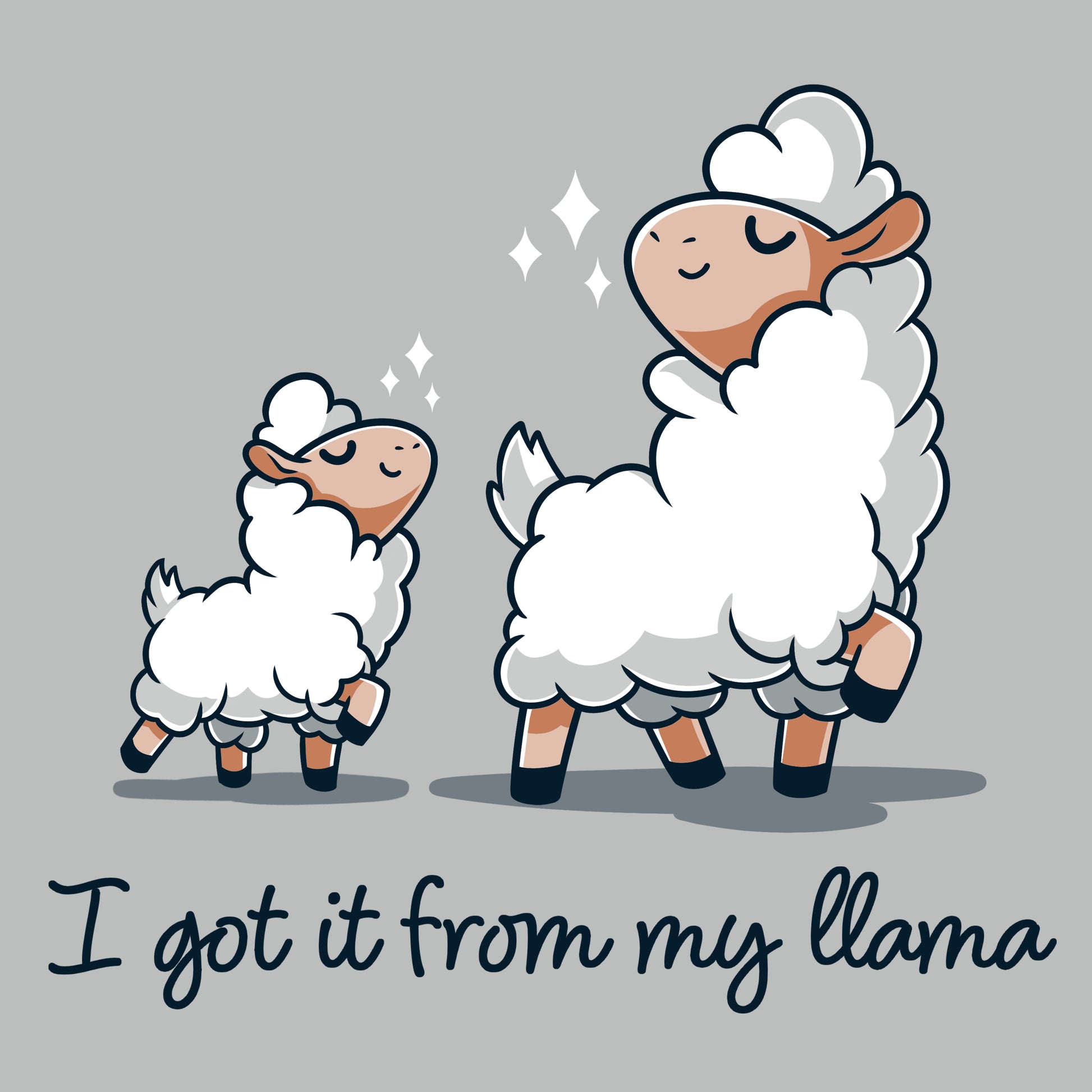 Premium Cotton T-shirt_Teeturtle I Got It From my Llama silver gray t-shirt featuring a little white llama and her mama llama both strutting their stuff happily with the pun filled sentence 'I got it from my Llama' beneath.