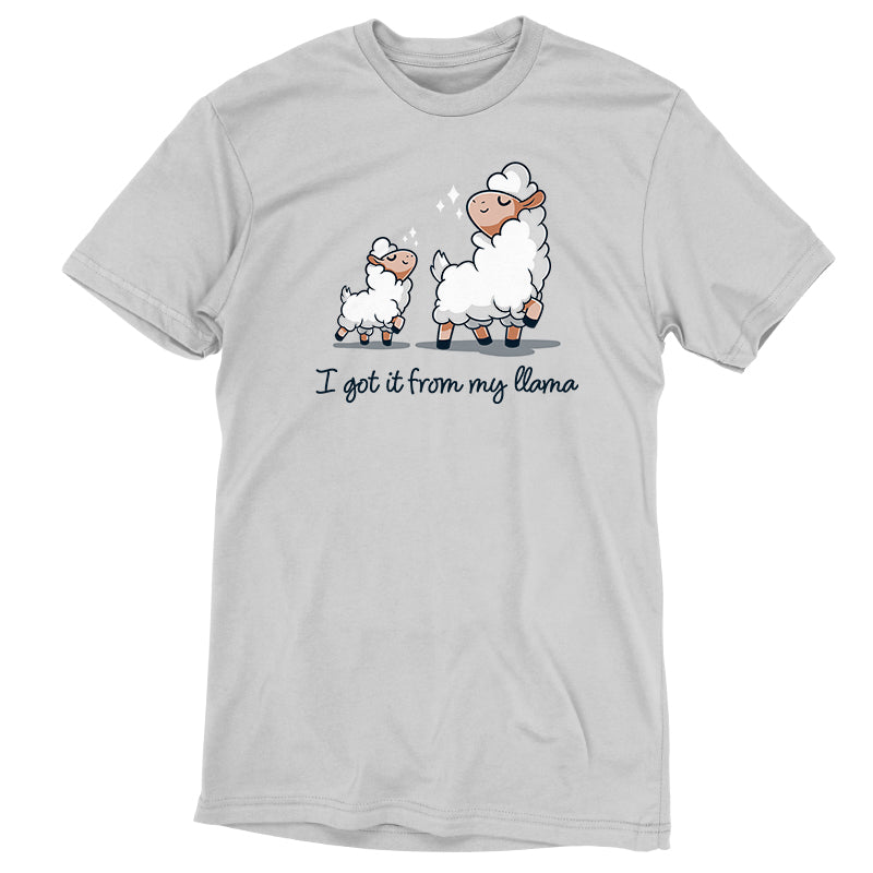 Premium Cotton T-shirt_Teeturtle I Got It From my Llama silver gray t-shirt featuring a little white llama and her mama llama both strutting their stuff happily with the pun filled sentence 'I got it from my Llama' beneath.