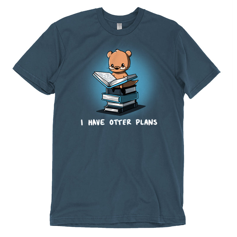 Premium Cotton T-shirt_Teeturtle I Have Otter Plans denim t-shirt featuring a studious-looking otter in reading glasses sitting on a pile of books while reading one with 'I Have Otter Plans' written below.