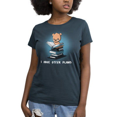 Premium Cotton T-shirt_Teeturtle denim blue I Have Otter Plans apparel featuring a studious-looking otter in reading glasses reading a book while sitting on a pile of books. Caption reads 'I Have Otter Plans'.
