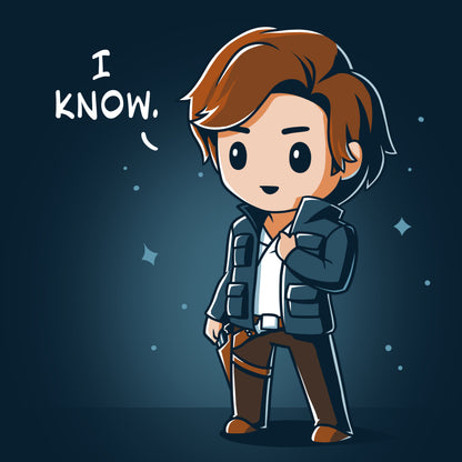 Officially licensed Star Wars Han Solo T-shirt featuring "I Know (Episode V)" cartoon character confidently proclaiming "I know.
