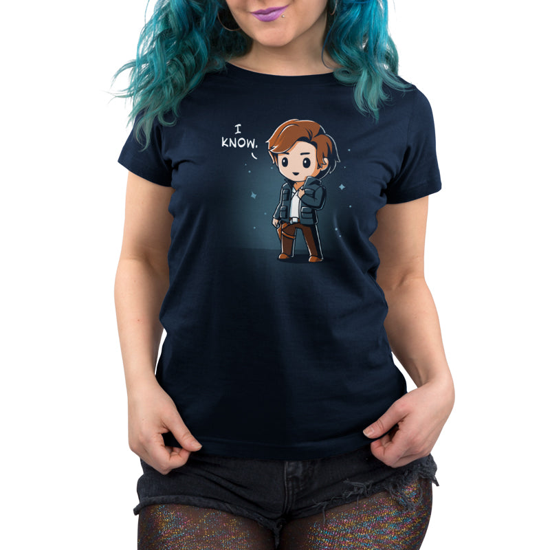 An officially licensed Star Wars women's t-shirt featuring Han Solo from I Know (Episode V), a cartoon character.