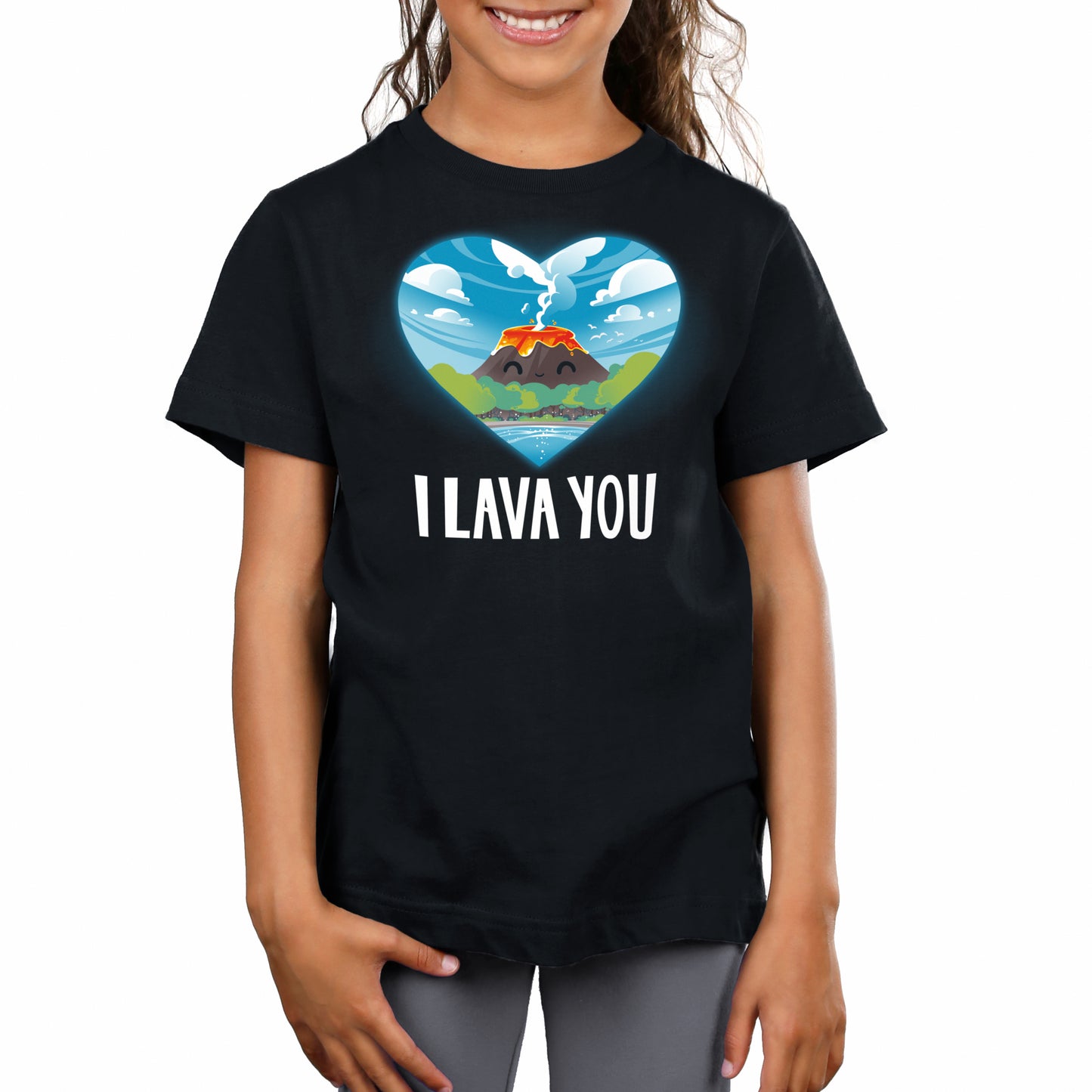 A girl wearing a TeeTurtle original black t-shirt that says "I Lava You