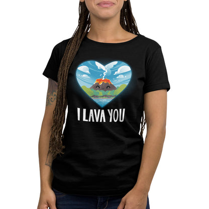 A woman wearing a TeeTurtle Unisex tee in the I Lava You design.