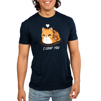 A man in a TeeTurtle "I Loaf You" t-shirt expressing love with the slogan.
