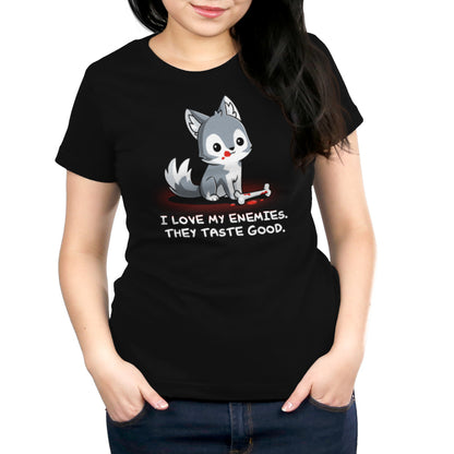A woman wearing a TeeTurtle t-shirt made of Super Soft Ringspun Cotton that says "I Love My Enemies