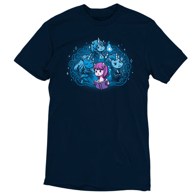 Premium Cotton T-shirt_TeeTurtle navy blue I Love My Fictional Boyfriends featuring a cute unicorn reading a book dreaming about their fictional boyfriends, an elf archer unicorn, a mage unicorn and a vampire unicorn.