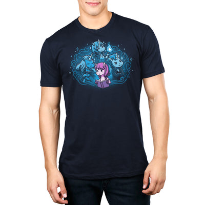 Premium Cotton T-shirt_TeeTurtle navy blue I Love My Fictional Boyfriends featuring a cute unicorn reading a book dreaming about their fictional boyfriends, an elf archer unicorn, a mage unicorn and a vampire unicorn.