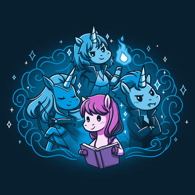 Premium Cotton T-shirt_TeeTurtle navy blue I Love My Fictional Boyfriends featuring a cute unicorn reading a book dreaming about their fictional boyfriends, an elf archer unicorn, a mage unicorn and a vampire unicorn.
