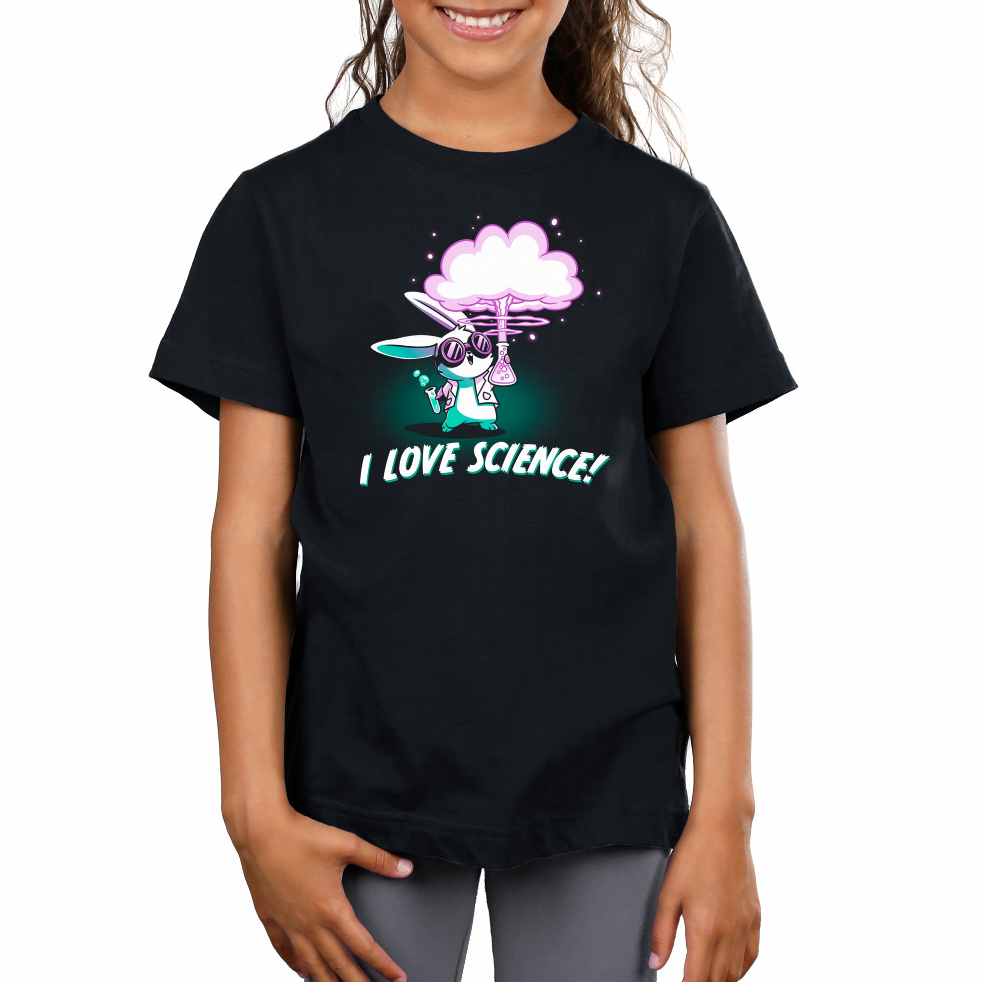 A girl wearing a Teeturtle black t-shirt showing her love for the I Love Science brand.