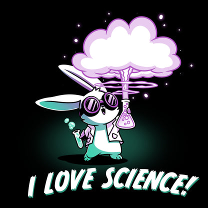 A cartoon bunny holding a cloud with the words "I Love Science" amidst bubbly liquids and explosions, brought to you by TeeTurtle.