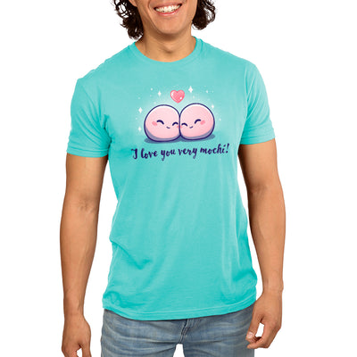 Premium Cotton T-shirt_Teeturtle I Love You Very Mochi! Caribbean Blue apparel featuring a pair of cartoon Mochi balls cuddling amidst sparkles with a heart above them and the words 'I love you very Mochi.' written beneath.