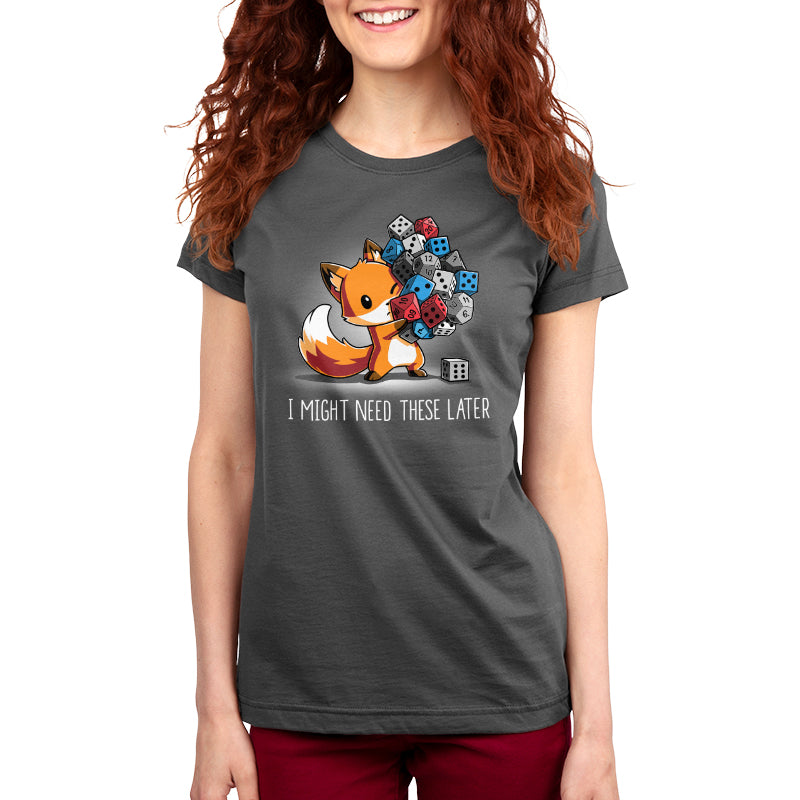 A TeeTurtle women's t-shirt with the I Might Need These Later (Dice) image of a fox and flowers.