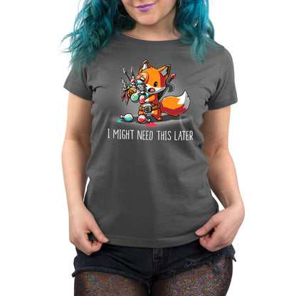 A women's charcoal gray "I Might Need This Later" t-shirt from TeeTurtle original collection.