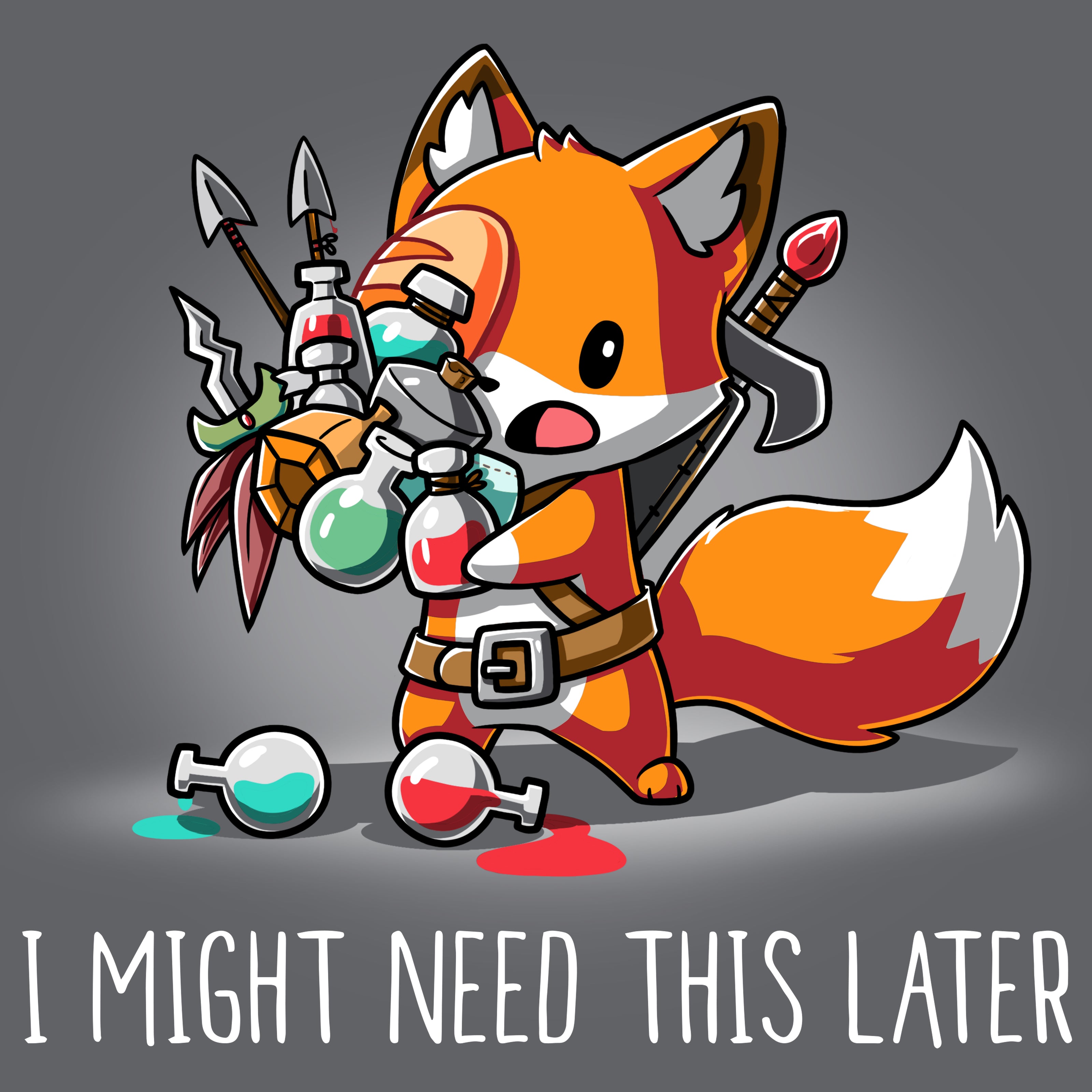 Premium Cotton T-shirt_TeeTurtle I Might Need This Later charcoal featuring a fantasy fox carrying multiple potions and arrows