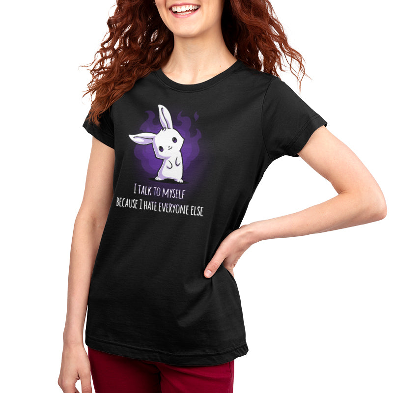 A woman wearing a black t-shirt by TeeTurtle with the product "I Hate Everyone" that says i am a rabbit.