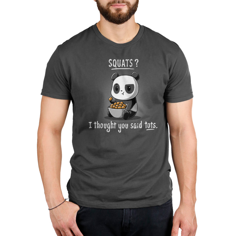 A panda wearing a t-shirt that says Squats? (Brand: TeeTurtle)