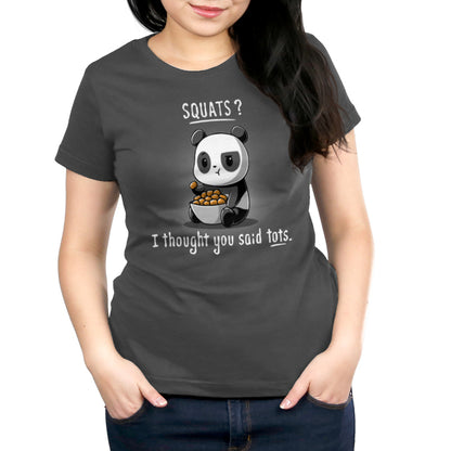 A woman wearing a TeeTurtle women's Squats t-shirt with a panda on it being washed cold.