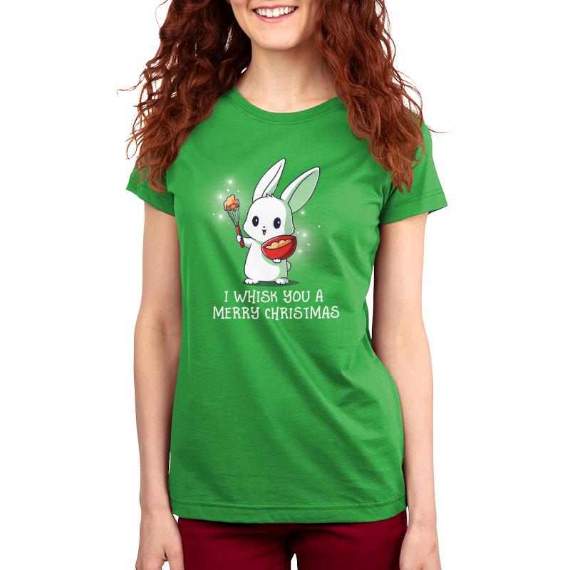 A TeeTurtle women's green t-shirt that says "I Whisk You A Merry Christmas.