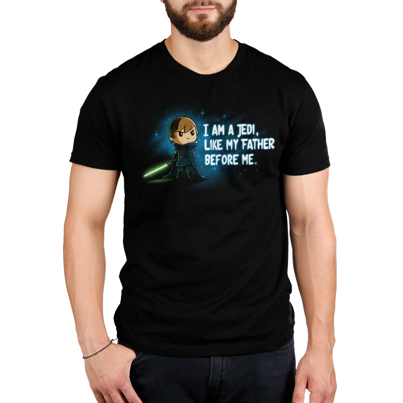 An officially licensed "I am a Jedi" black t-shirt featuring a Star Wars character.