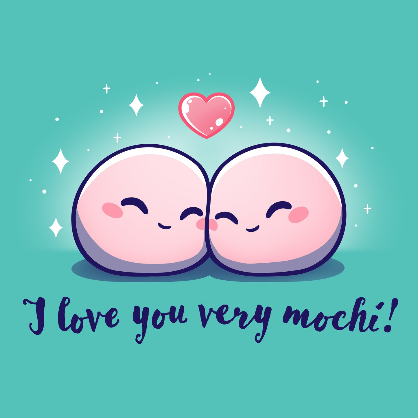 Premium Cotton T-shirt_Teeturtle I Love You Very Mochi! Caribbean Blue t-shirt Featuring a pair of cartoon Mochi balls cuddling amidst sparkles with a heart above them and the words 'I love you very Mochi.' written beneath.