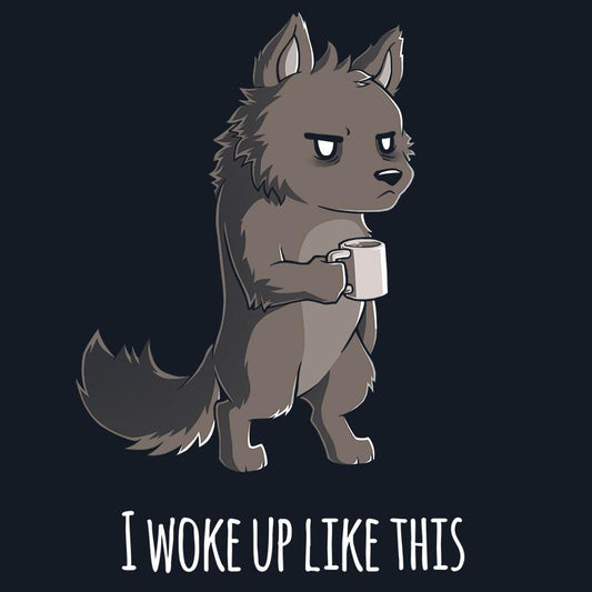 A navy blue t-shirt with a wolf holding a cup of coffee and saying 