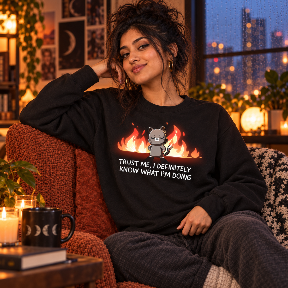Crew Neck Sweatshirt_TeeTurtle black I Definitely Know What I'm Doing Crew Neck Sweatshirt featuring a smug gray cat standing confidently in front of bright flames with the text "Trust Me, I Definitely Know What I'm Doing."