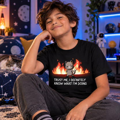 Kids' Classic T-Shirt_TeeTurtle black I Definitely Know What I'm Doing Kids' Classic T-Shirt featuring a smug gray cat standing confidently in front of bright flames with the text "Trust Me, I Definitely Know What I'm Doing."