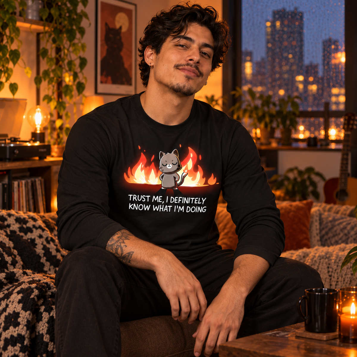 Long Sleeve T-shirt_TeeTurtle black I Definitely Know What I'm Doing Long Sleeve T-shirt featuring a smug gray cat standing confidently in front of bright flames with the text "Trust Me, I Definitely Know What I'm Doing."