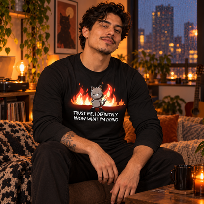 Long Sleeve T-shirt_TeeTurtle black I Definitely Know What I'm Doing Long Sleeve T-shirt featuring a smug gray cat standing confidently in front of bright flames with the text "Trust Me, I Definitely Know What I'm Doing."