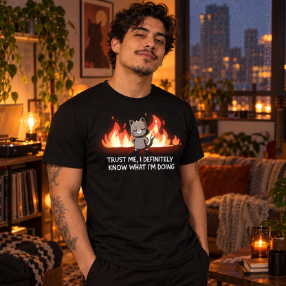 Men's Premium T-Shirt_TeeTurtle black I Definitely Know What I'm Doing Men's Premium T-Shirt featuring a smug gray cat standing confidently in front of bright flames with the text "Trust Me, I Definitely Know What I'm Doing."