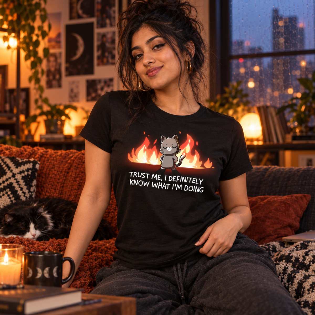 Women's Premium T-Shirt_TeeTurtle black I Definitely Know What I'm Doing Women's Premium T-Shirt featuring a smug gray cat standing confidently in front of bright flames with the text "Trust Me, I Definitely Know What I'm Doing."
