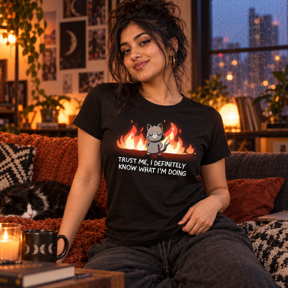 Women's Premium T-Shirt_TeeTurtle black I Definitely Know What I'm Doing Women's Premium T-Shirt featuring a smug gray cat standing confidently in front of bright flames with the text "Trust Me, I Definitely Know What I'm Doing."