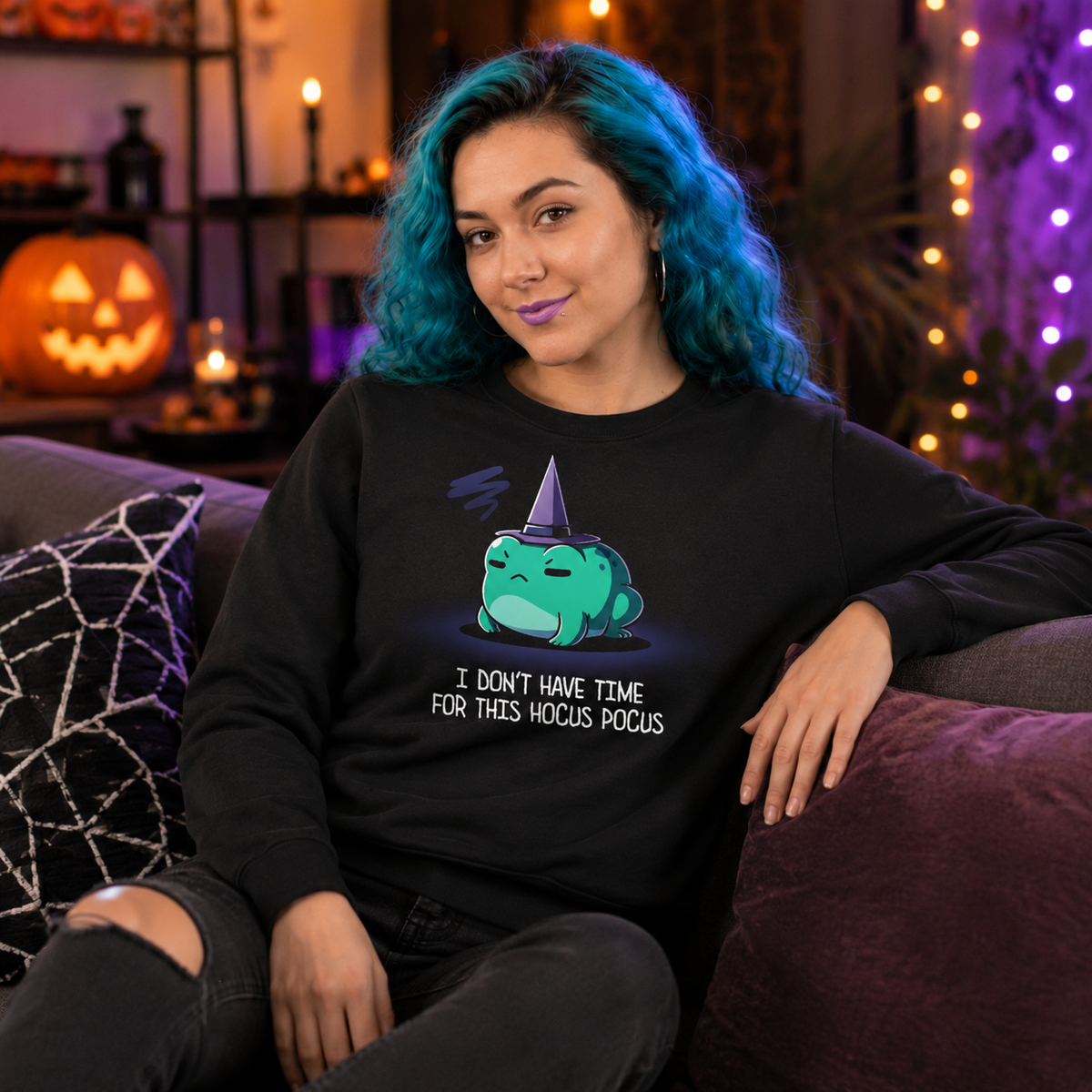 Crew Neck Sweatshirt_TeeTurtle black I Don't Have Time For This Hocus Pocus Crew Neck Sweatshirt featuring a grumpy teal frog wearing a purple witch hat with the text "I Don't Have Time For This Hocus Pocus."