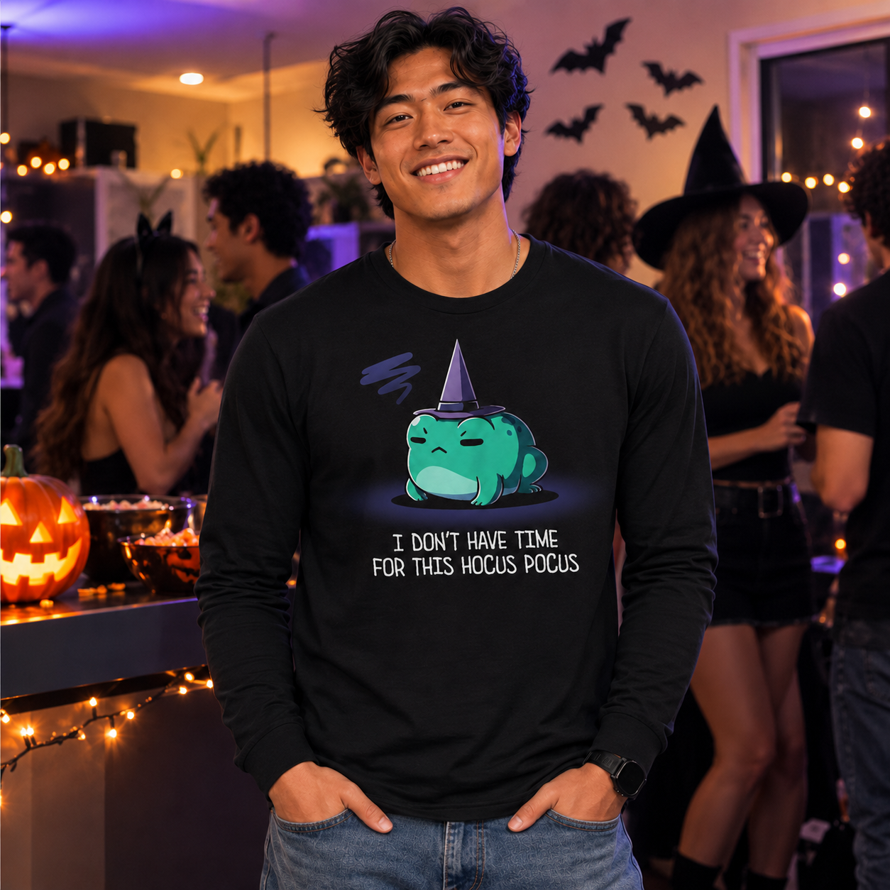 Long Sleeve T-shirt_TeeTurtle black I Don't Have Time For This Hocus Pocus Long Sleeve T-shirt featuring a grumpy teal frog wearing a purple witch hat with the text "I Don't Have Time For This Hocus Pocus."