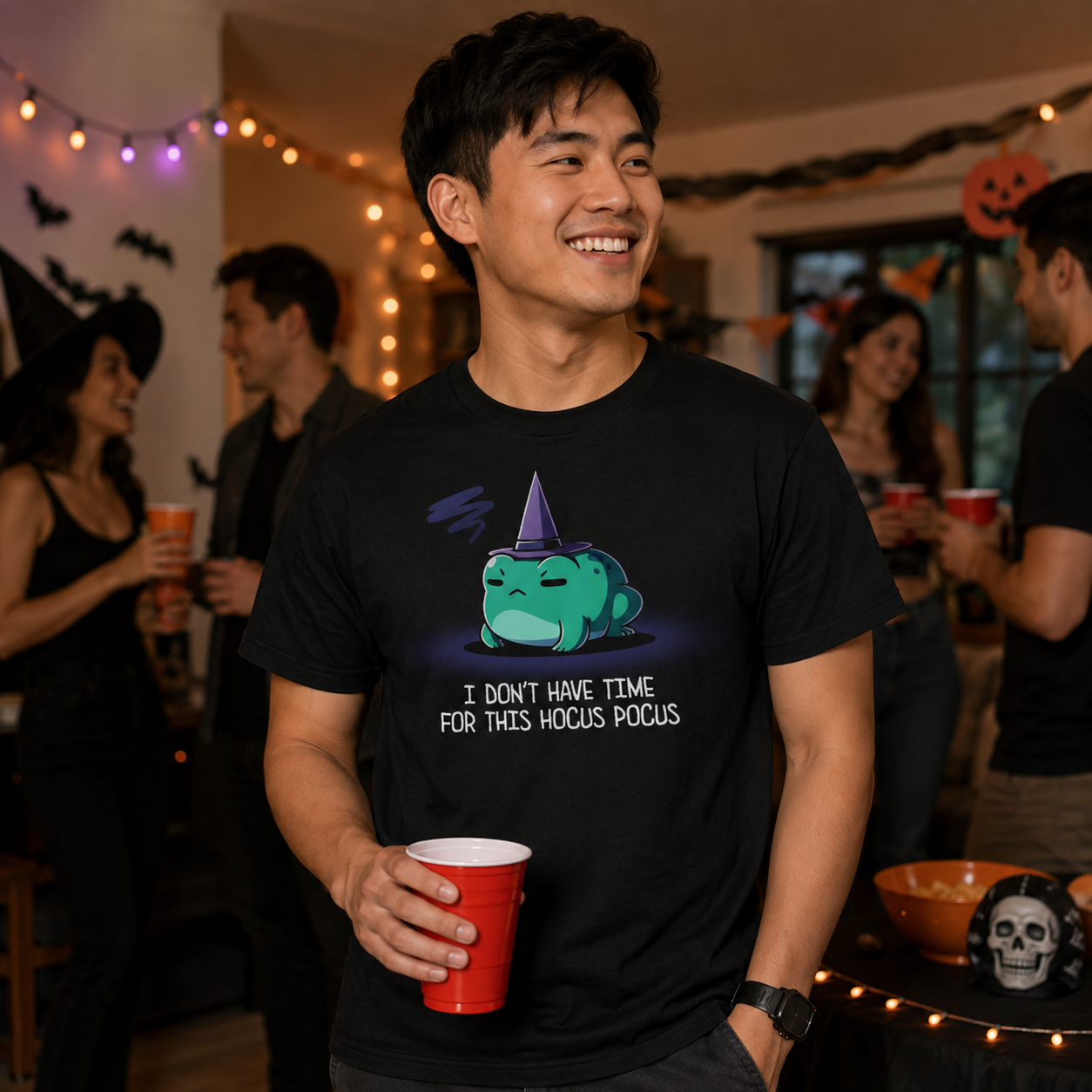 Men's Premium T-shirt_TeeTurtle black I Don't Have Time For This Hocus Pocus Men's Premium T-shirt featuring a grumpy teal frog wearing a purple witch hat with the text "I Don't Have Time For This Hocus Pocus."