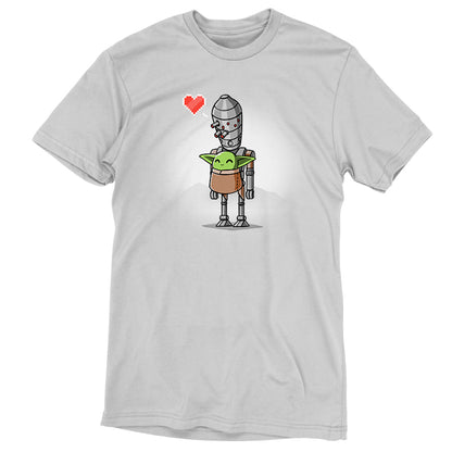 An officially licensed Star Wars T-shirt featuring IG-11 and The Child holding a heart.