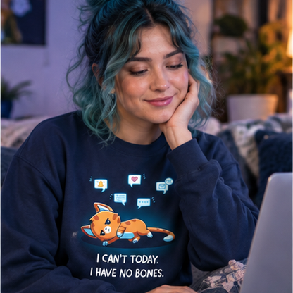 Crew Neck Sweatshirt_TeeTurtle navy I Have No Bones Crew Neck Sweatshirt featuring a floppy orange cat lying flat on the ground beneath floating notification icons with the text "I Can't Today. I Have No Bones."