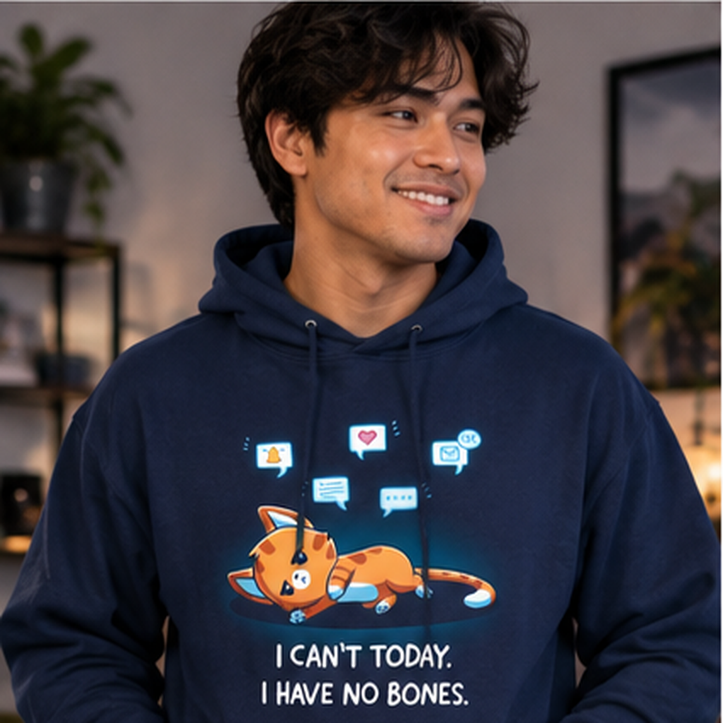 Pullover Hoodie_TeeTurtle navy I Have No Bones Pullover Hoodie featuring a floppy orange cat lying flat on the ground beneath floating notification icons with the text "I Can't Today. I Have No Bones."