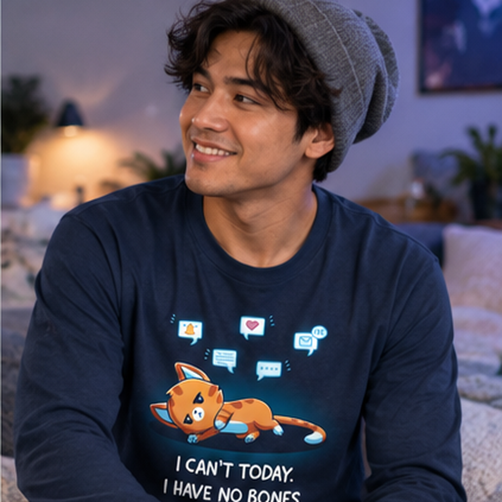 Long Sleeve T-shirt_TeeTurtle navy I Have No Bones Long Sleeve T-shirt featuring a floppy orange cat lying flat on the ground beneath floating notification icons with the text "I Can't Today. I Have No Bones."