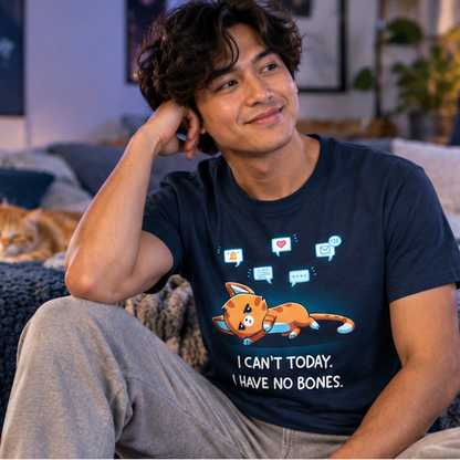 Men's Premium T-Shirt_TeeTurtle navy I Have No Bones Men's Premium T-Shirt featuring a floppy orange cat lying flat on the ground beneath floating notification icons with the text "I Can't Today. I Have No Bones."