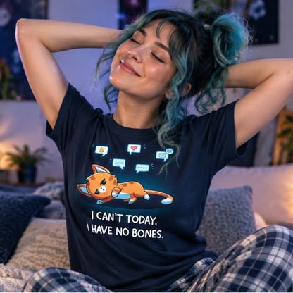 Women's Premium T-Shirt_TeeTurtle navy I Have No Bones Women's Premium T-Shirt featuring a floppy orange cat lying flat on the ground beneath floating notification icons with the text "I Can't Today. I Have No Bones."