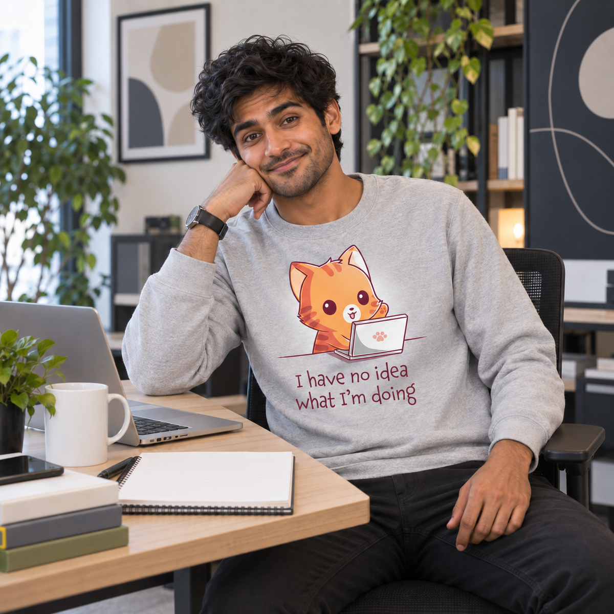 Crew Neck Sweatshirt_TeeTurtle light gray I Have No Idea What I'm Doing (Cat) Crew Neck Sweatshirt featuring a cheerful orange tabby cat sitting behind a laptop with one paw raised and the text "I have no idea what I'm doing."