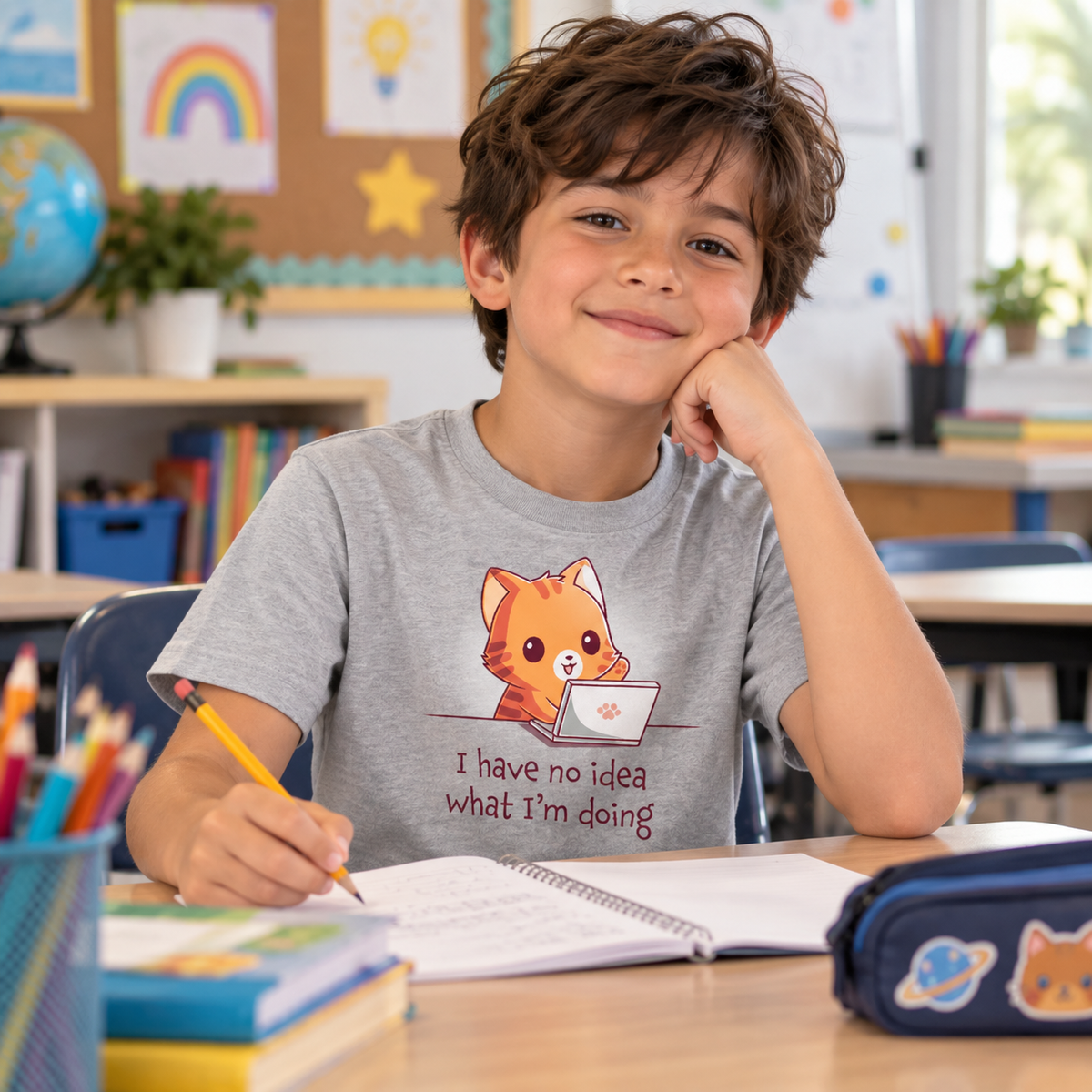 Kids' Classic T-Shirt_TeeTurtle light gray I Have No Idea What I'm Doing (Cat) Kids' Classic T-Shirt featuring a cheerful orange tabby cat sitting behind a laptop with one paw raised and the text "I have no idea what I'm doing."