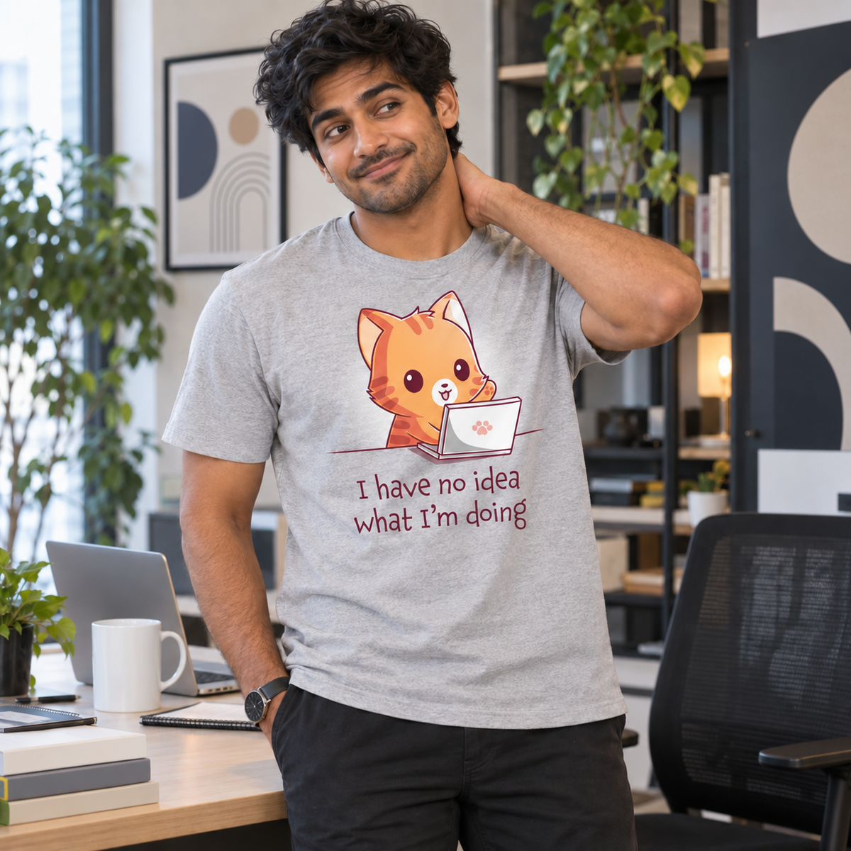Men's Premium T-Shirt_TeeTurtle light gray I Have No Idea What I'm Doing (Cat) Men's Premium T-Shirt featuring a cheerful orange tabby cat sitting behind a laptop with one paw raised and the text "I have no idea what I'm doing."